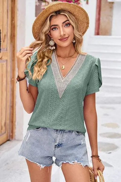 Eyelet V-Neck Petal Sleeve T-Shirt Women's T-Shirts - Tophatter Daily Deals